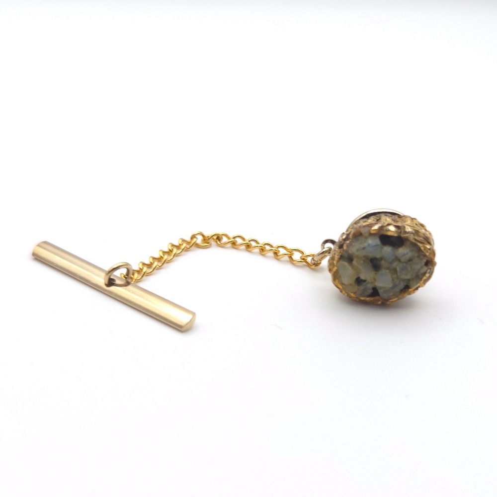 Vintage Gold Tone Faux Stone Cluster Tie Tack with Security Chain‎ and Bar
